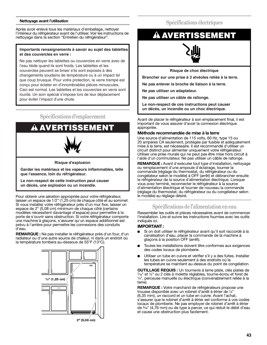 Whirlpool 2302309 warranty Spécificationsdemplacement, Spécifications électriques, Spécifications del’alimentationen eau 