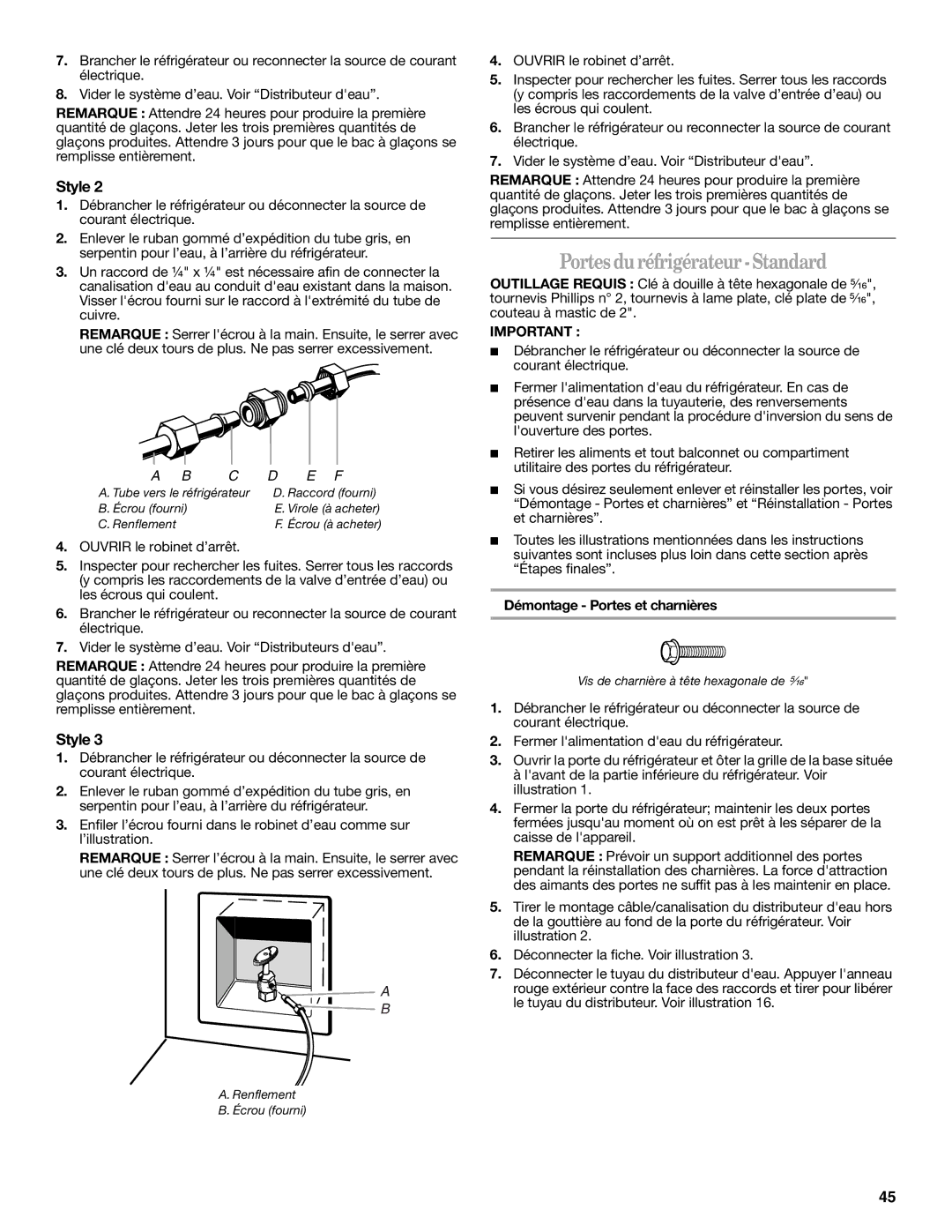 Whirlpool 2302309 warranty Portes duréfrigérateur-Standard, Démontage Portes et charnières 