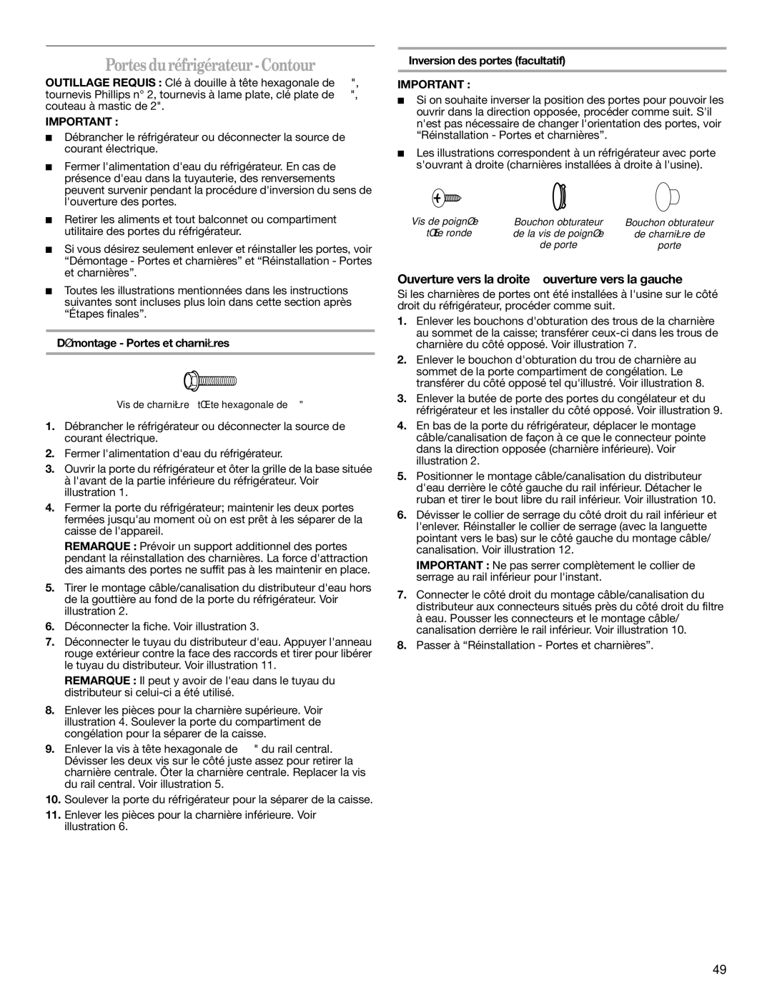 Whirlpool 2302309 warranty Portesduréfrigérateur-Contour, Démontage Portes et charnières 