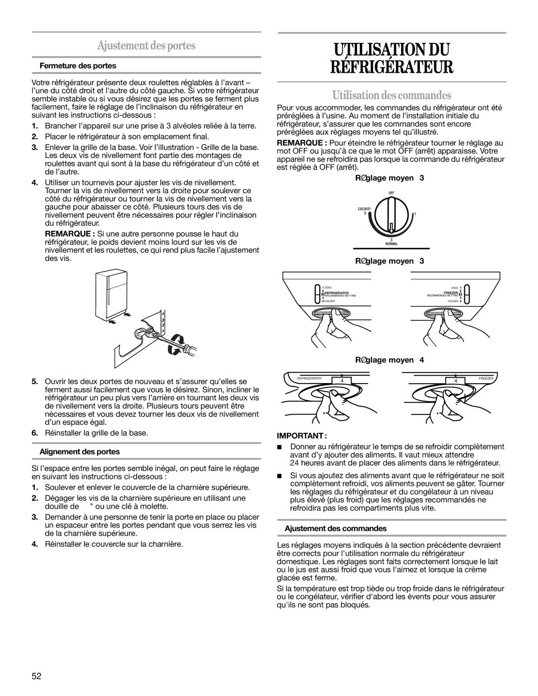 Whirlpool 2302309 warranty Utilisation DU Réfrigérateur, Ajustementdesportes, Utilisationdes commandes 