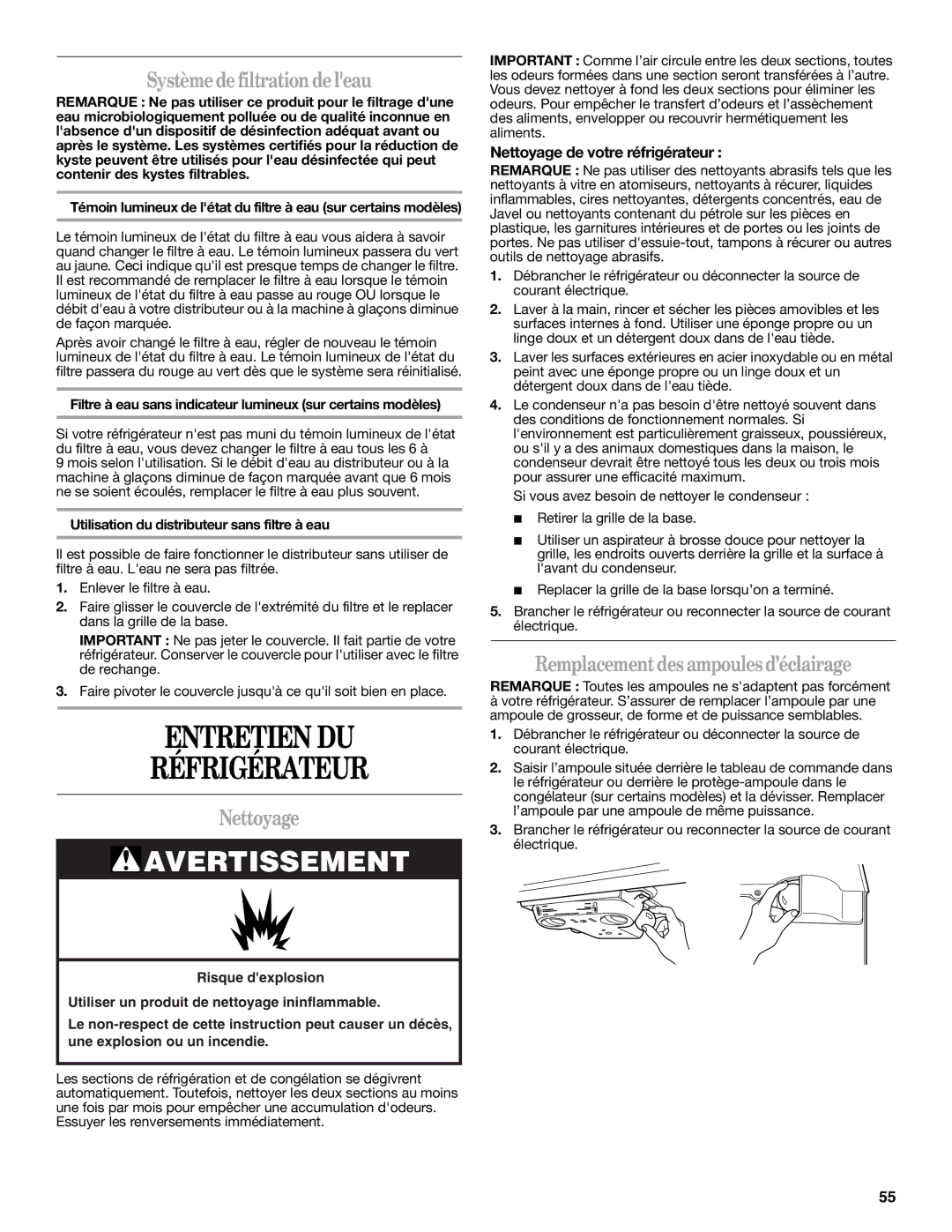 Whirlpool 2302309 Entretien DU Réfrigérateur, Systèmedefiltrationdeleau, Nettoyage, Remplacementdes ampoules d’éclairage 