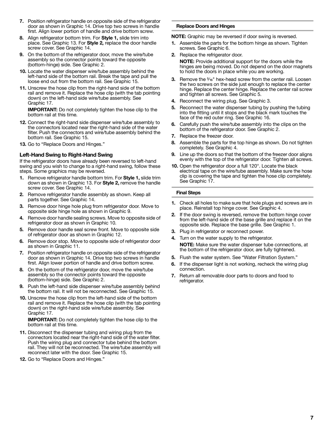 Whirlpool 2302309 warranty Left-Hand Swing to Right-Hand Swing, Replace Doors and Hinges, Final Steps 