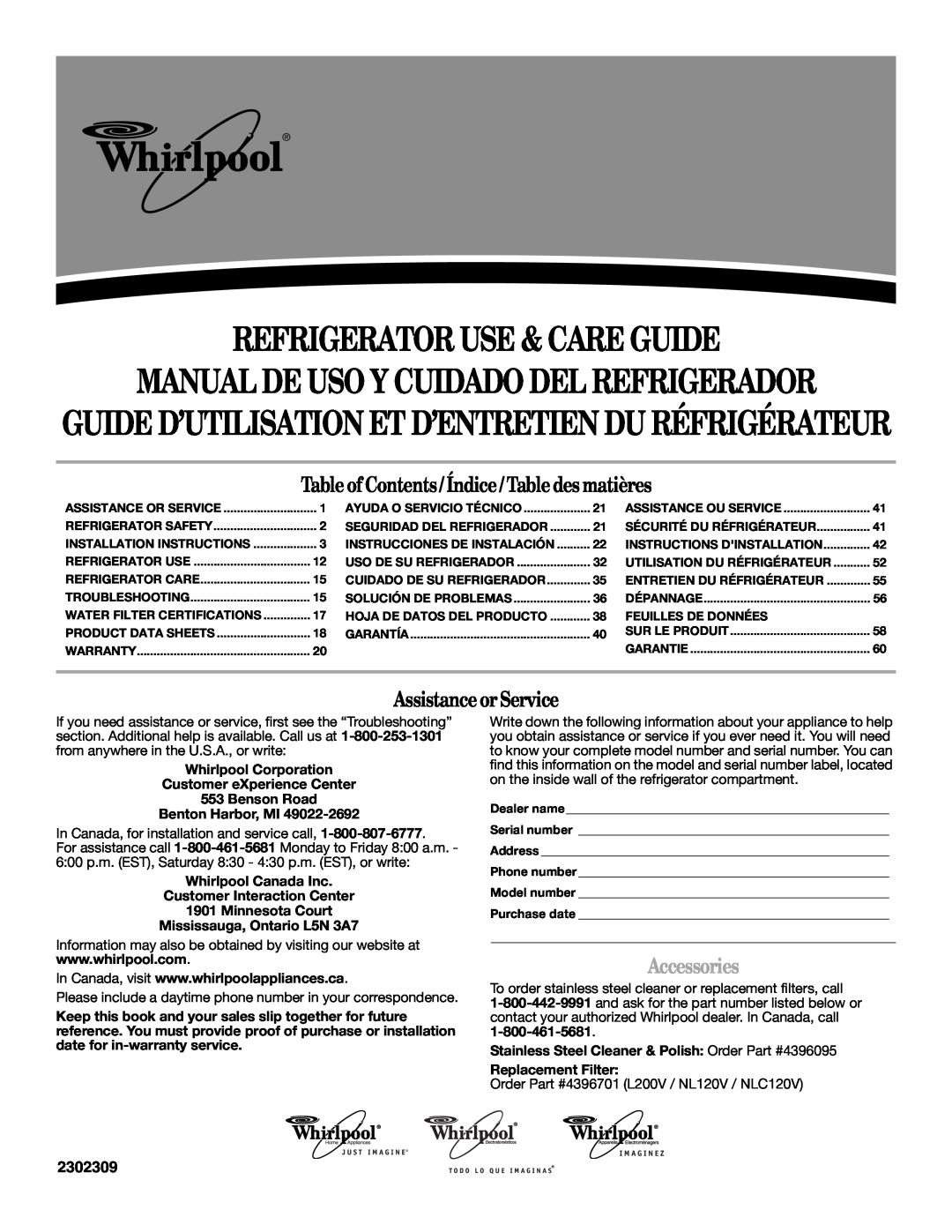 Whirlpool 2302309 warranty Manualde Uso Y Cuidado Del Refrigerador, Guide D’Utilisation Et D’Entretien Du Réfrigérateur 