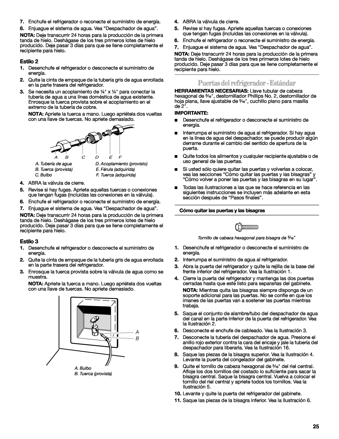 Whirlpool 2302309 warranty Puertas del refrigerador-Estándar, Cómo quitar las puertas y las bisagras, Estilo, Importante 