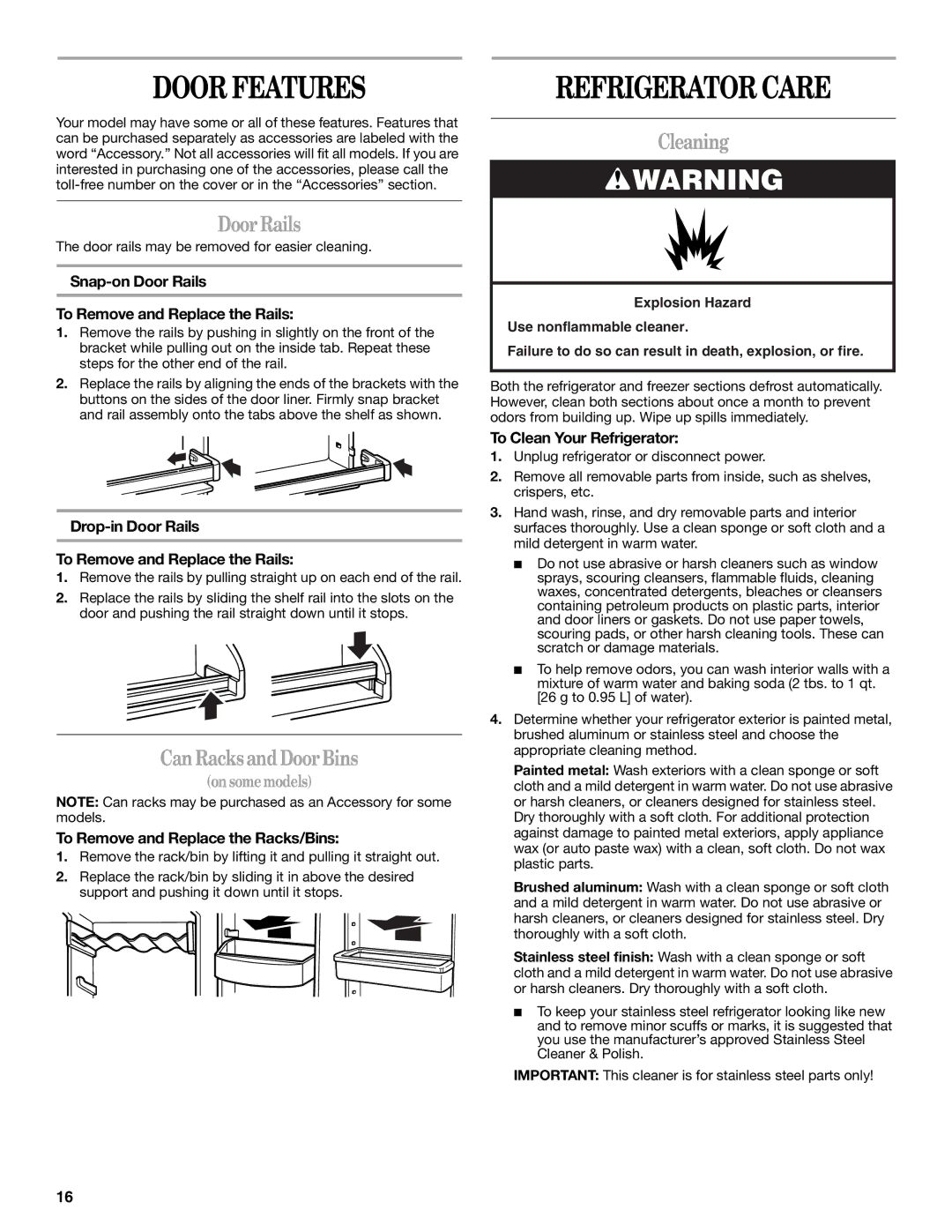 Whirlpool 2308045 manual Door Features, Refrigerator Care, DoorRails, Can RacksandDoorBins, Cleaning 