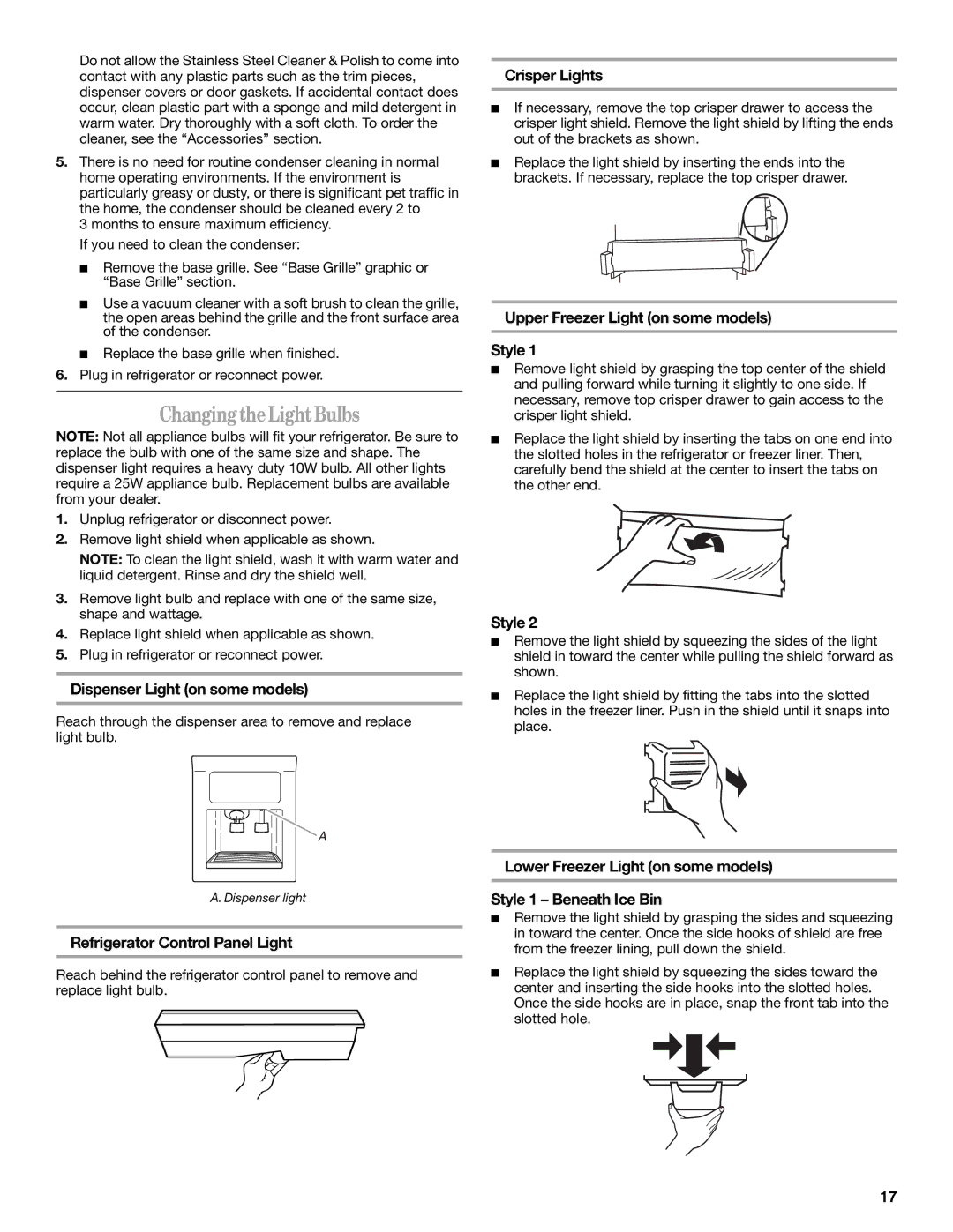 Whirlpool 2308045 manual ChangingtheLightBulbs 