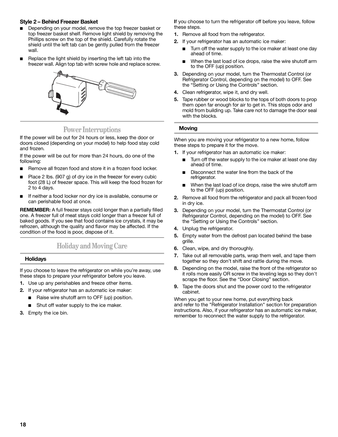 Whirlpool 2308045 manual PowerInterruptions, HolidayandMovingCare, Style 2 Behind Freezer Basket, Holidays 