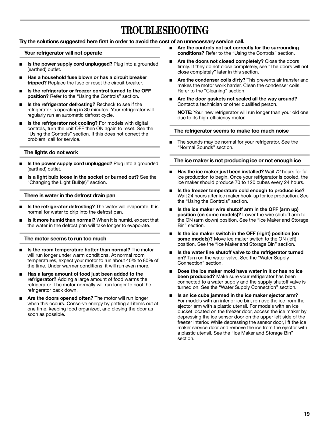 Whirlpool 2308045 manual Troubleshooting 