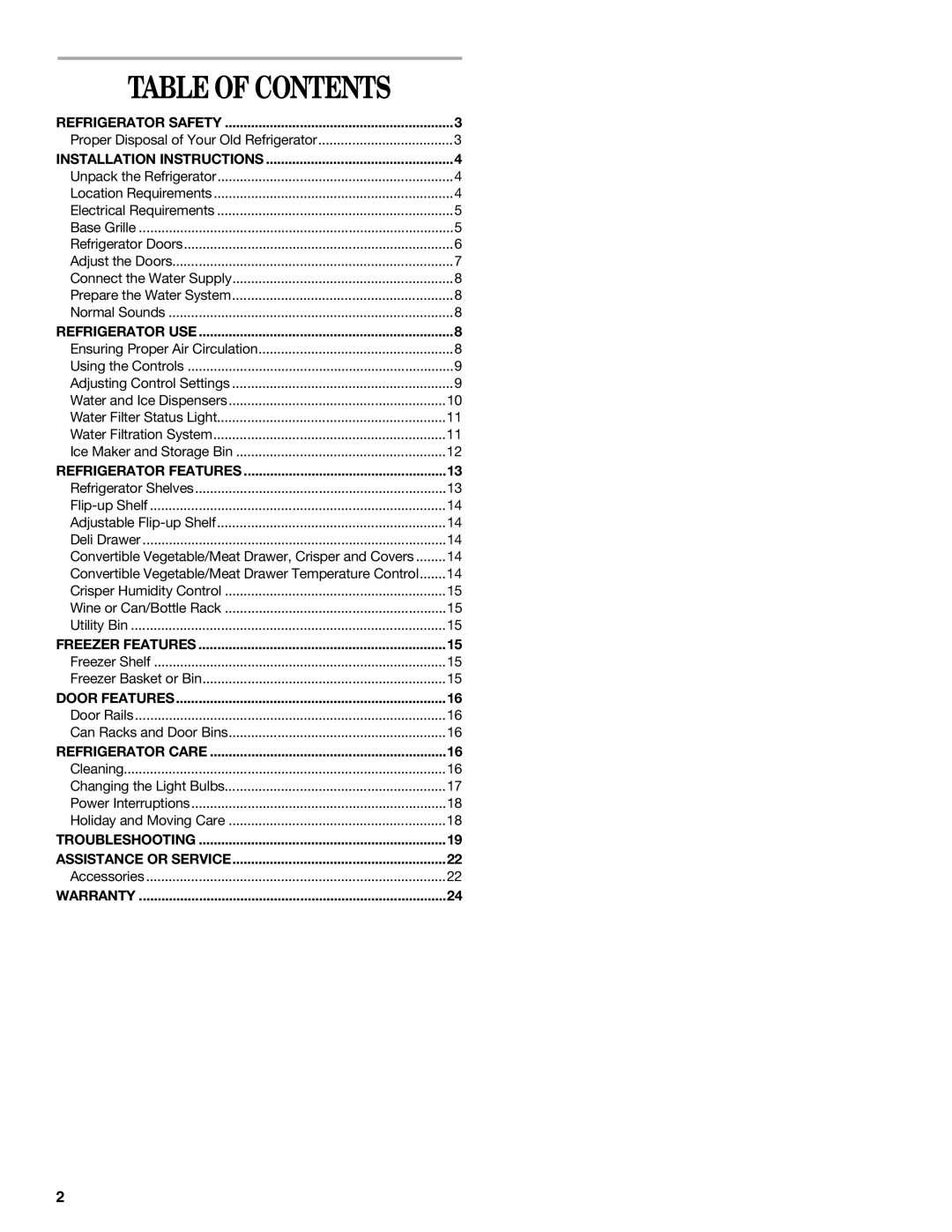 Whirlpool 2308045 manual Table of Contents 