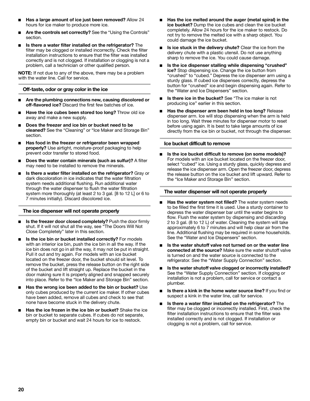 Whirlpool 2308045 manual Off-taste, odor or gray color in the ice, Ice dispenser will not operate properly 