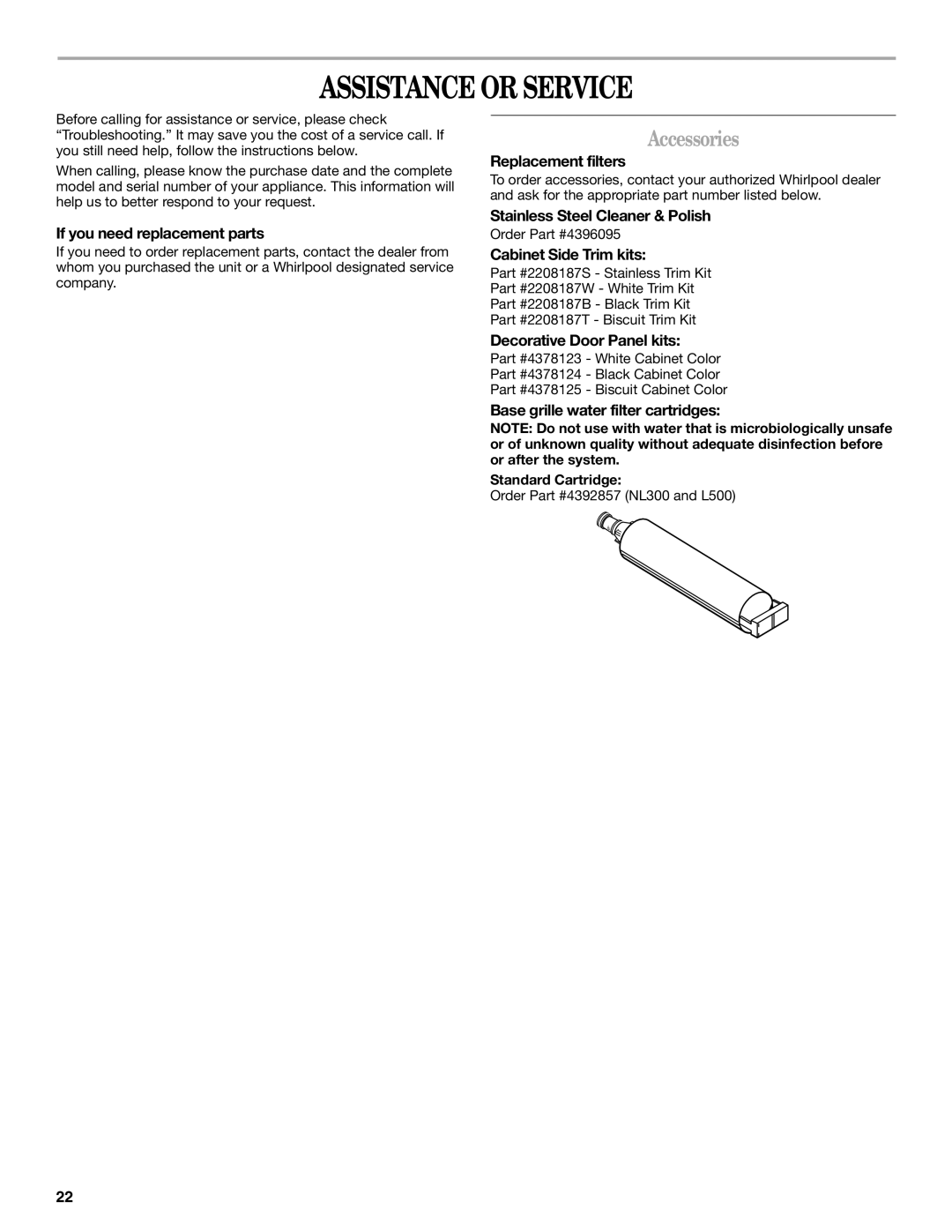 Whirlpool 2308045 manual Assistance or Service, Accessories 