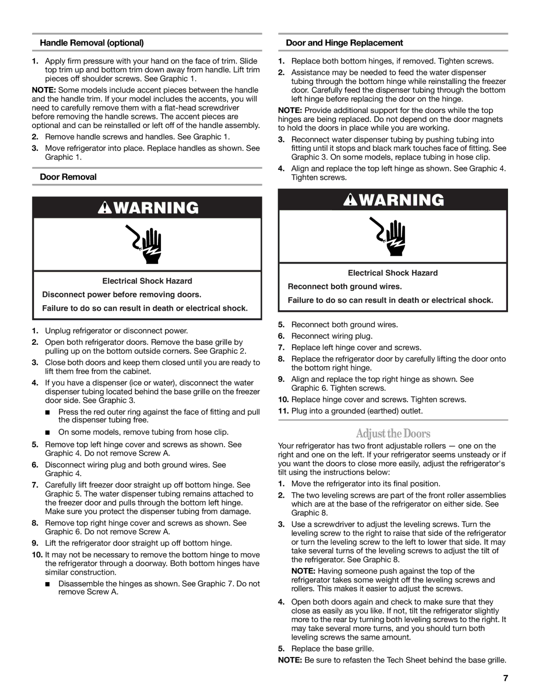 Whirlpool 2308045 manual AdjusttheDoors, Handle Removal optional, Door Removal Door and Hinge Replacement 