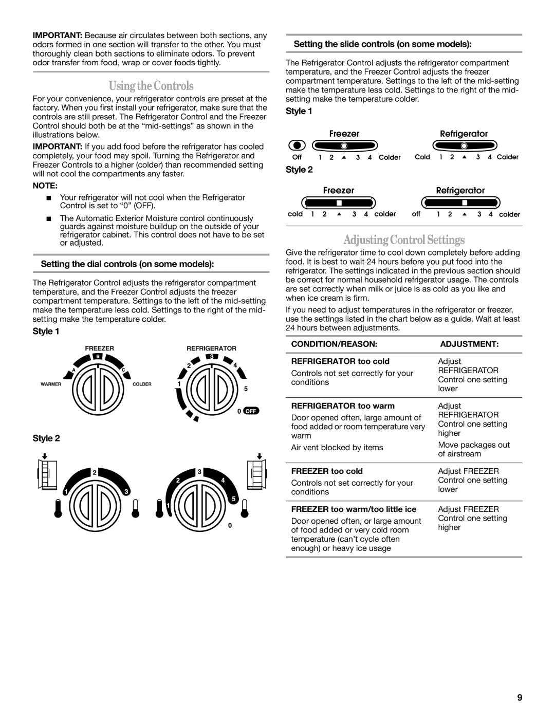 Whirlpool 2308045 manual UsingtheControls, AdjustingControlSettings, Setting the dial controls on some models, Style 