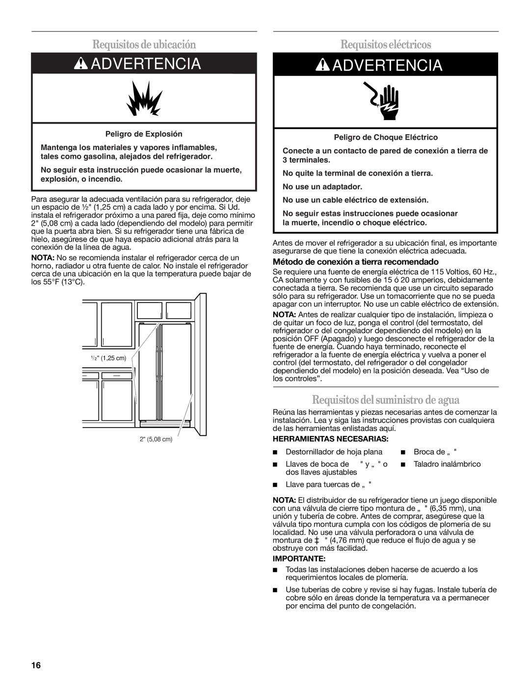 Whirlpool 2309541B warranty Requisitos de ubicación, Requisitos eléctricos, Requisitos del suministro de agua 