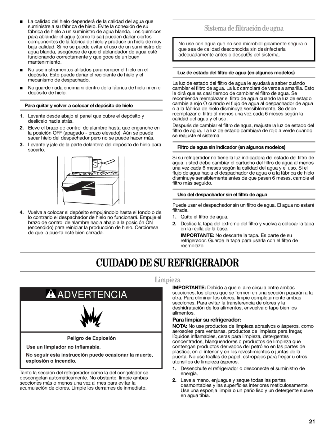 Whirlpool 2309541B Cuidado DE SU Refrigerador, Sistema de filtración de agua, Limpieza, Para limpiar su refrigerador 