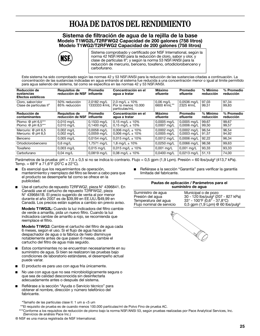 Whirlpool 2309541B warranty Hoja DE Datos DEL Rendimiento, Pautas de aplicación / Parámetros para el Suministro de agua 