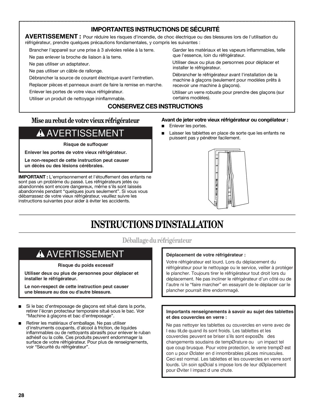 Whirlpool 2309541B warranty Instructions Dinstallation, Déballage duréfrigérateur, Enlever les portes 