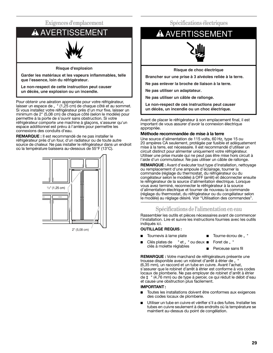 Whirlpool 2309541B warranty Exigences demplacement, Spécifications électriques, Spécifications del’alimentationen eau 