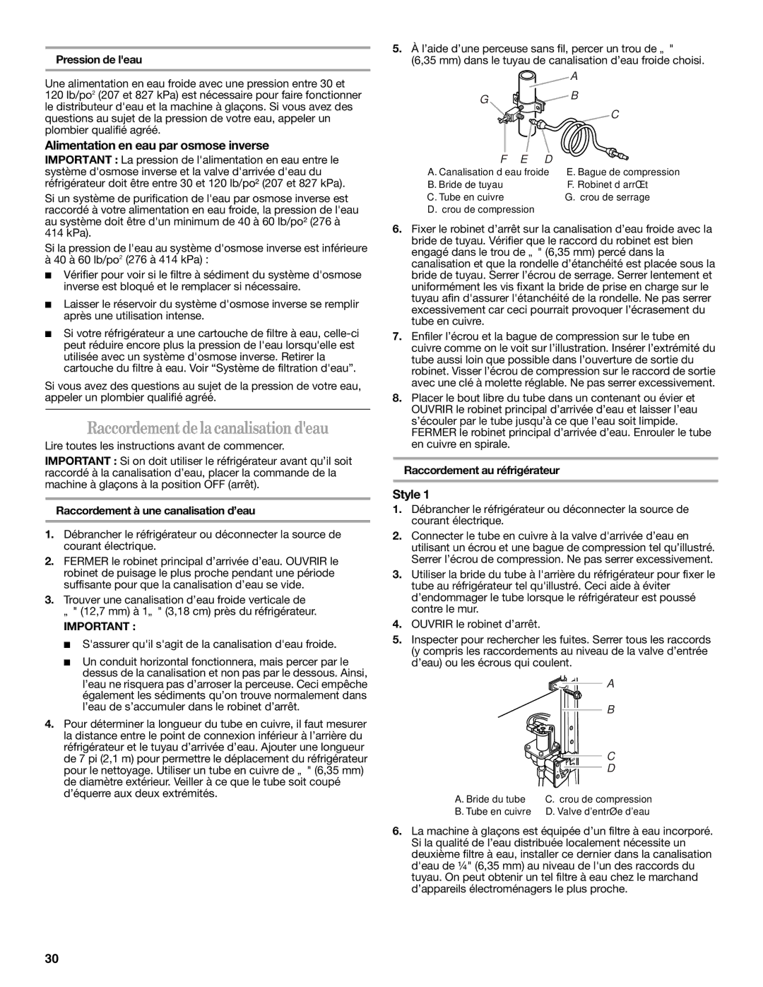 Whirlpool 2309541B warranty Raccordement de la canalisation deau, Alimentation en eau par osmose inverse, Pression de leau 