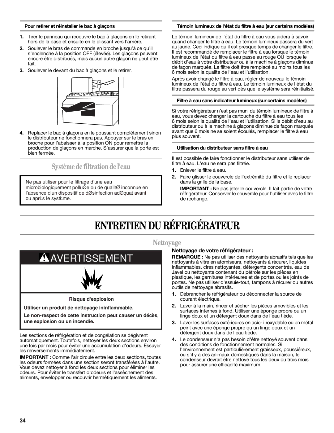 Whirlpool 2309541B warranty Entretien DU Réfrigérateur, Système de filtrationde leau, Nettoyage de votre réfrigérateur 