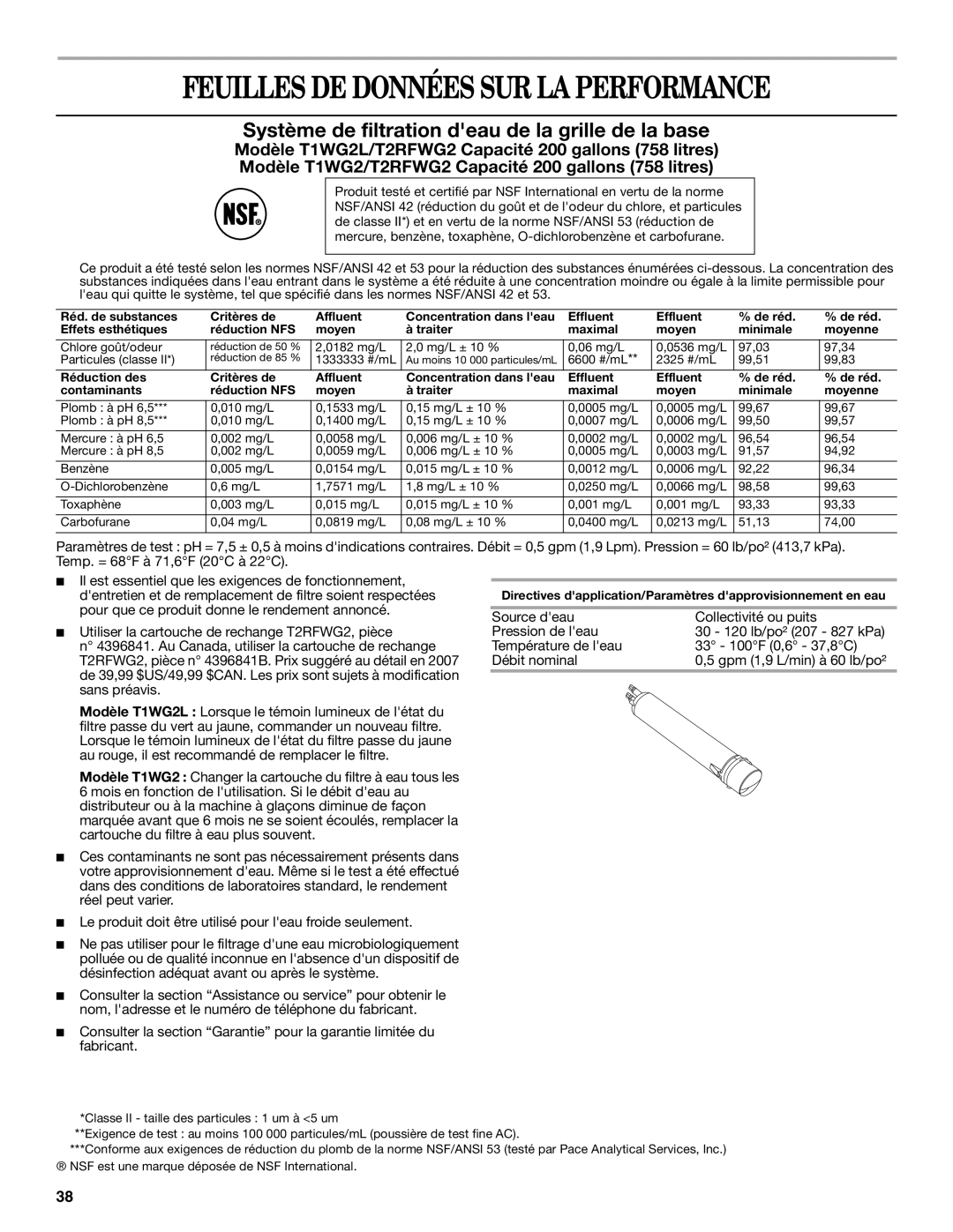 Whirlpool 2309541B warranty Feuilles DE Données SUR LA Performance, Système de filtration deau de la grille de la base 