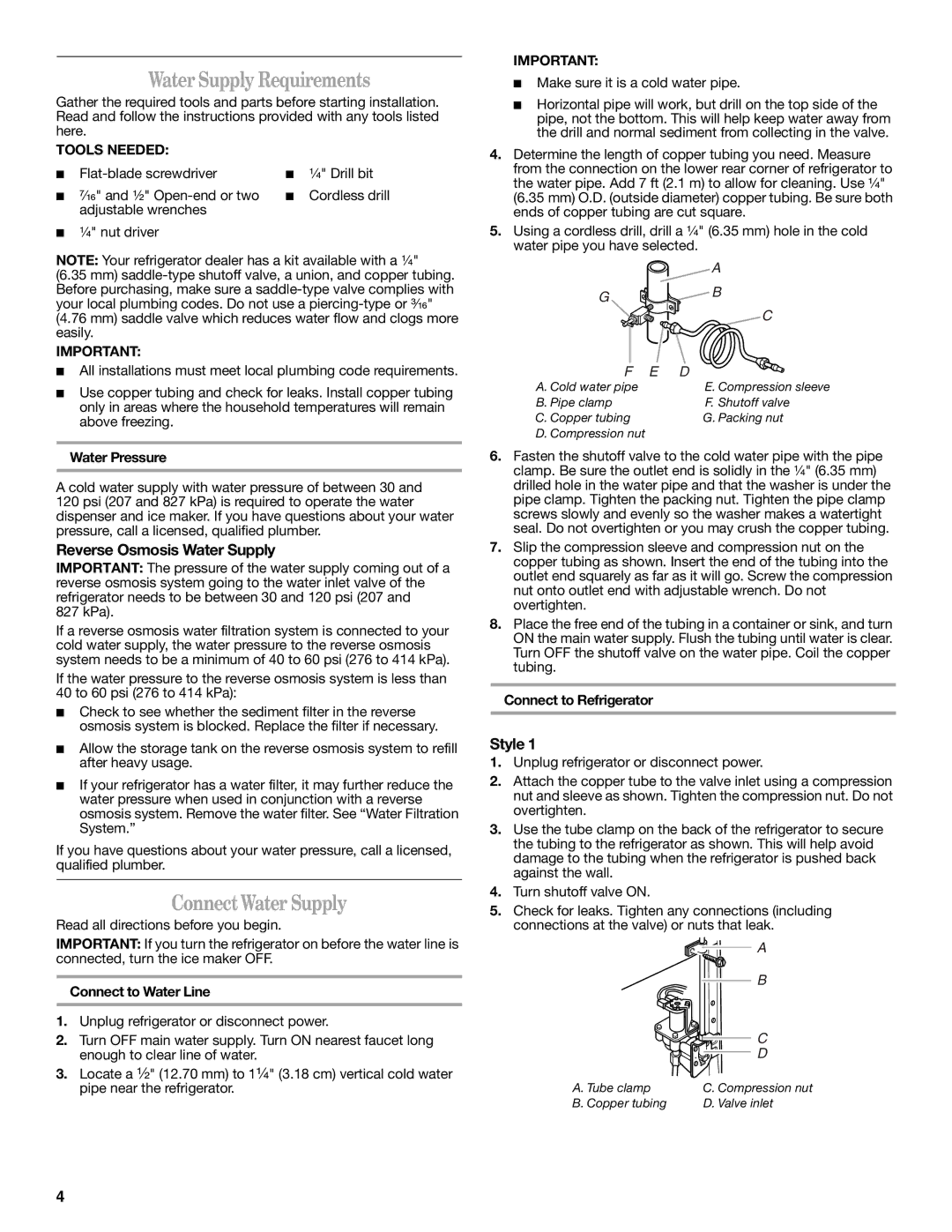 Whirlpool 2309541B Water Supply Requirements, Connect Water Supply, Reverse Osmosis Water Supply, Style, Tools Needed 