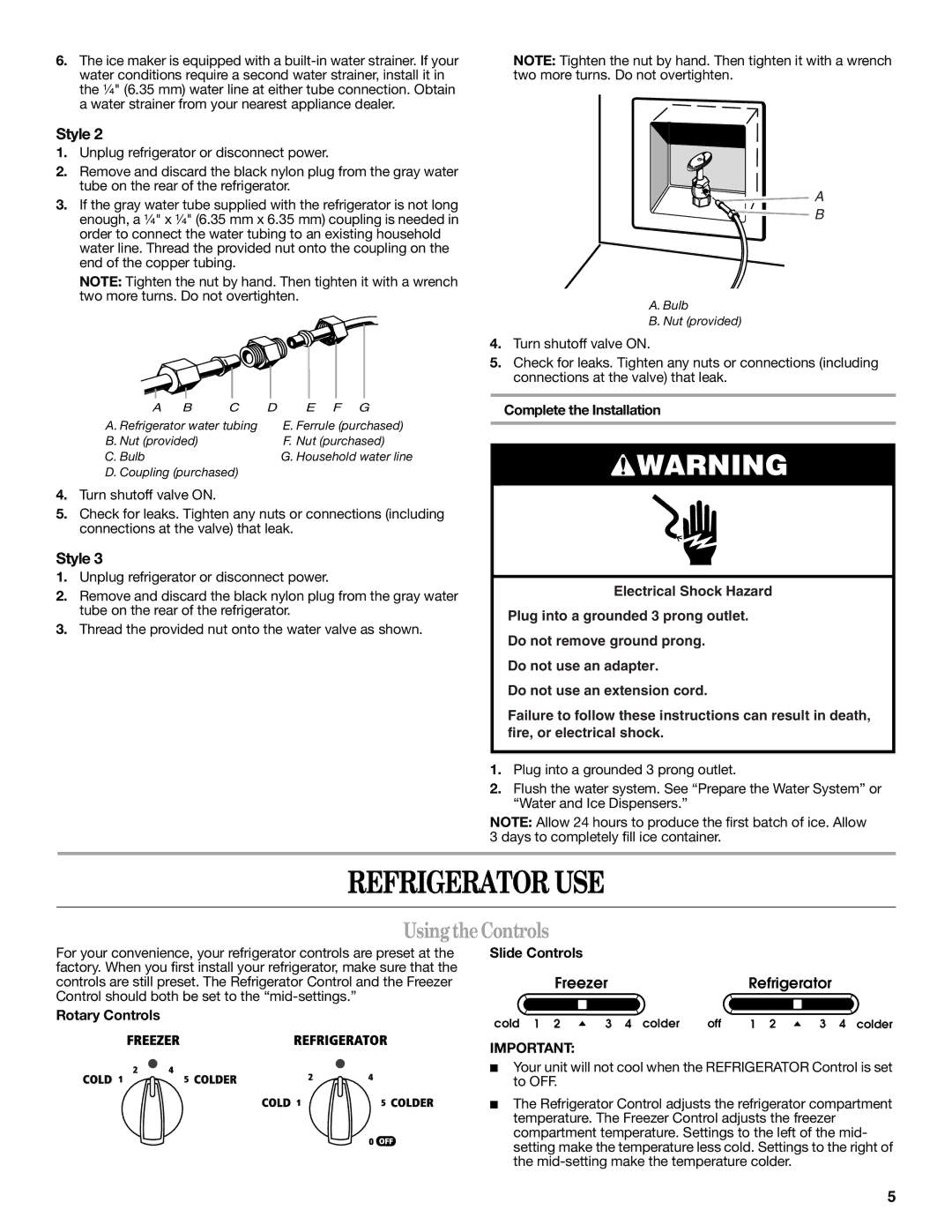 Whirlpool 2309541B warranty Refrigerator USE, Using the Controls, Rotary Controls Slide Controls 