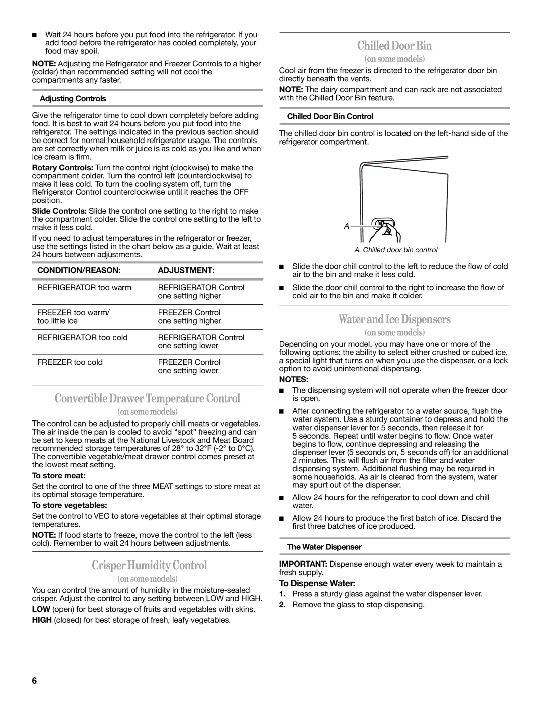 Whirlpool 2309541B ConvertibleDrawer Temperature Control, Crisper Humidity Control, Chilled Door Bin, To Dispense Water 