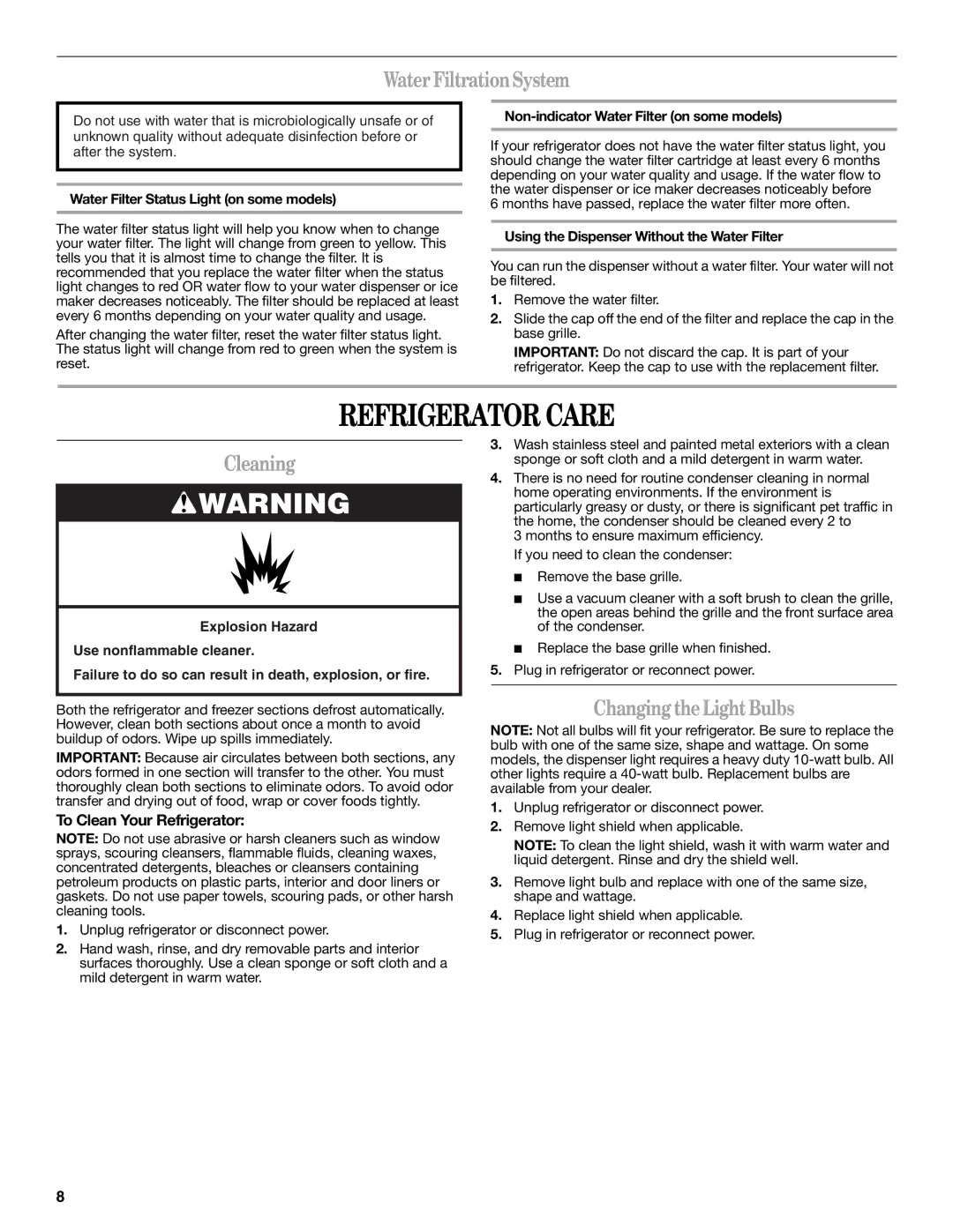 Whirlpool 2309541B warranty Refrigerator Care, Water FiltrationSystem, Cleaning, Changing the Light Bulbs 