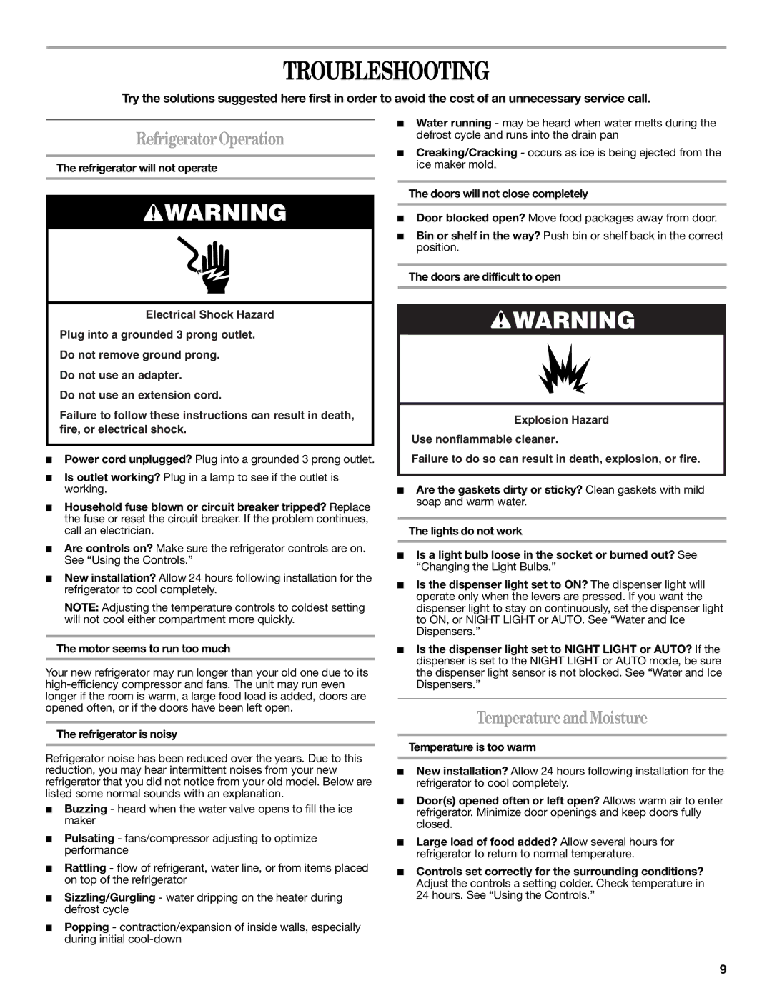 Whirlpool 2309541B warranty Troubleshooting, Refrigerator Operation, Temperature and Moisture 