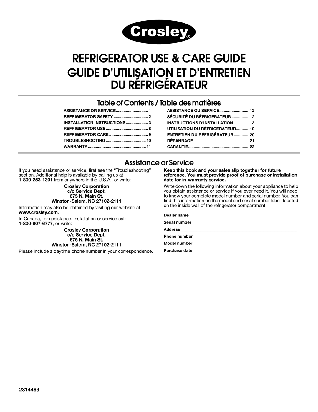 Whirlpool 2314463 warranty Table of Contents / Table des matières 