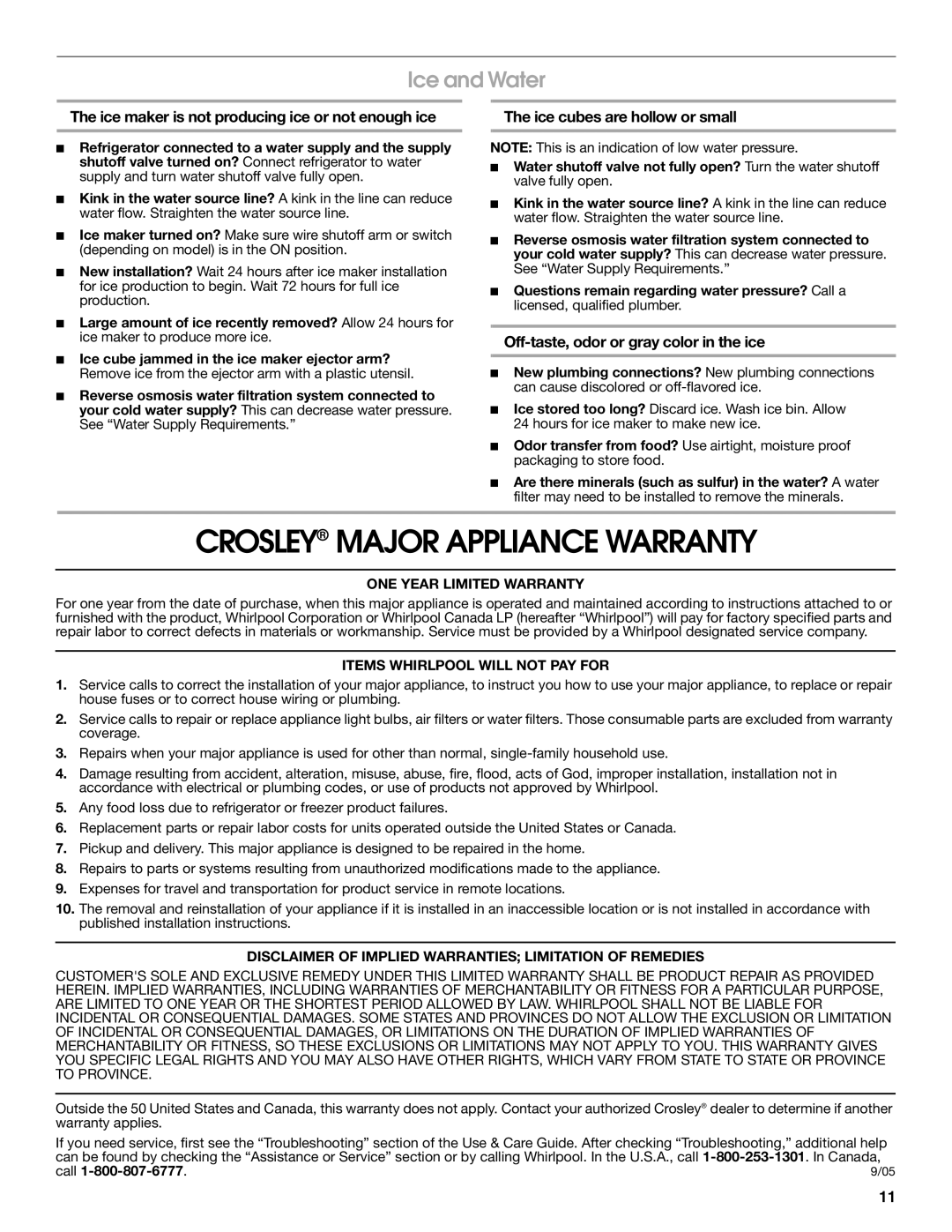 Whirlpool 2314463 Crosley Major Appliance Warranty, Ice and Water, Ice maker is not producing ice or not enough ice 