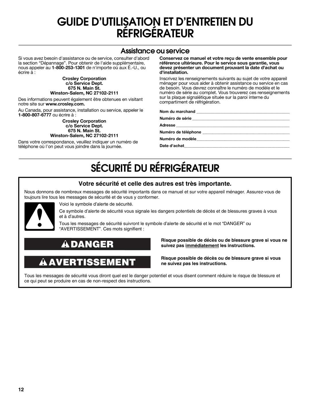 Whirlpool 2314463 warranty Guide D’UTILISATION ET D’ENTRETIEN DU Réfrigérateur, Sécurité DU Réfrigérateur 