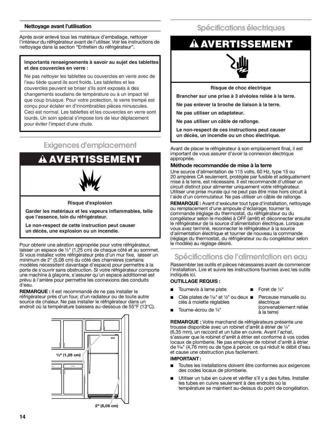 Whirlpool 2314463 warranty Exigences demplacement, Spécifications électriques, Spécifications de l’alimentation en eau 