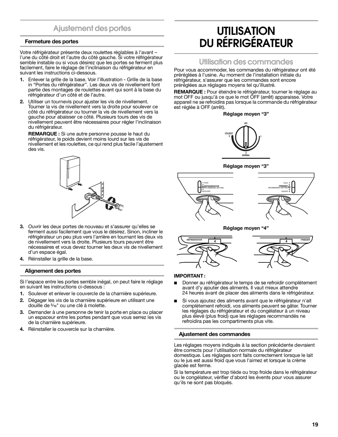 Whirlpool 2314463 warranty Utilisation DU Réfrigérateur, Ajustement des portes, Utilisation des commandes 