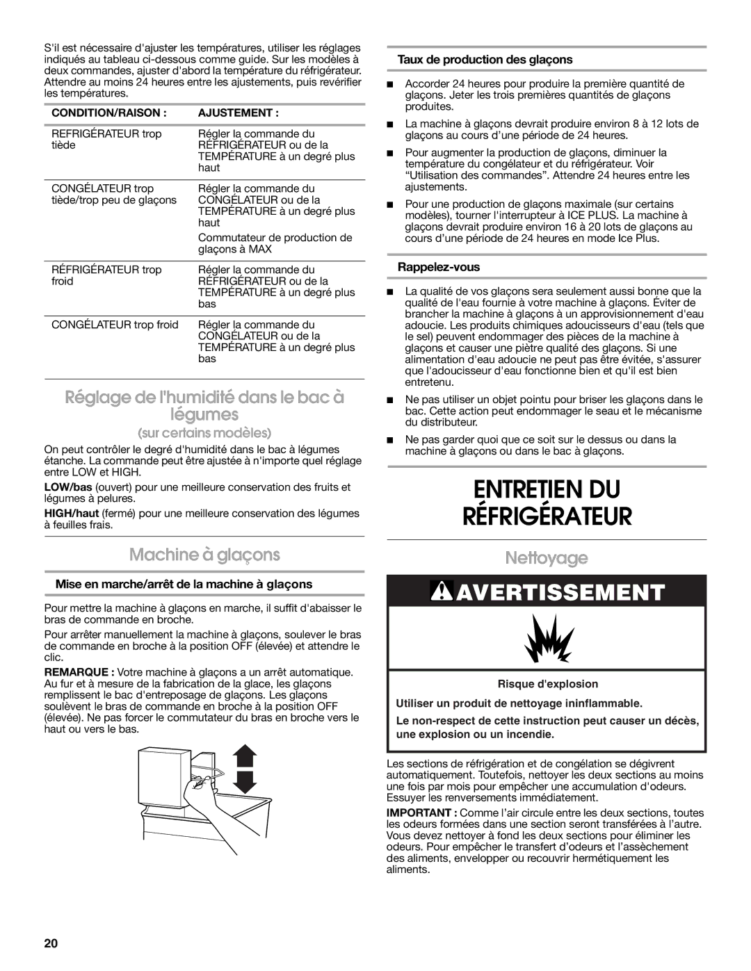 Whirlpool 2314463 Entretien DU Réfrigérateur, Réglage de lhumidité dans le bac à Légumes, Machine à glaçons, Nettoyage 