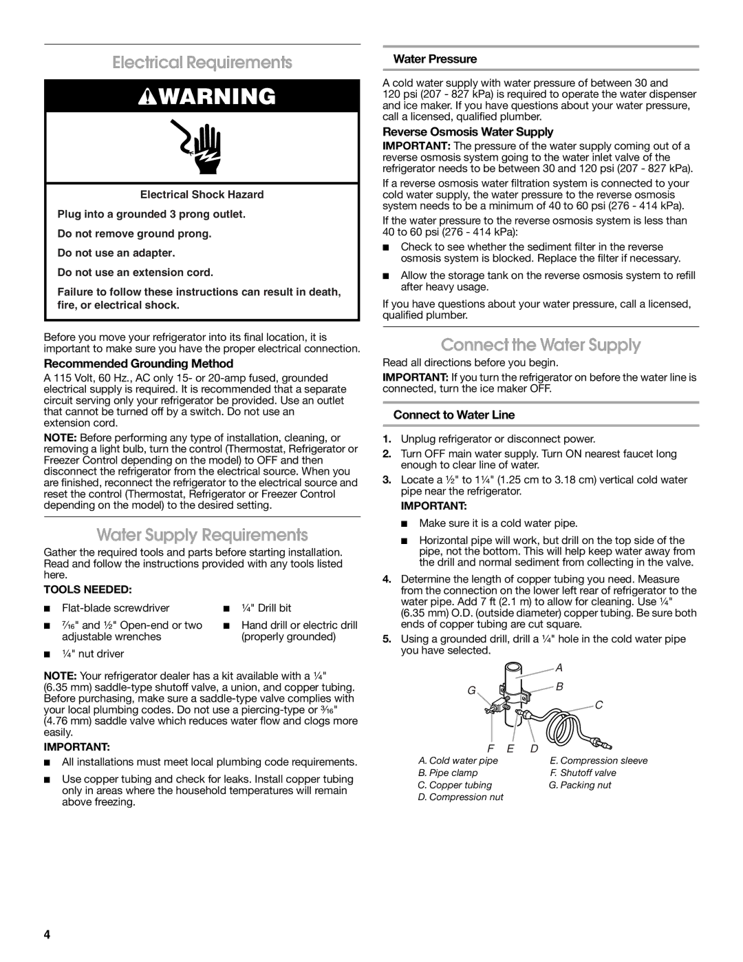 Whirlpool 2314463 warranty Electrical Requirements, Water Supply Requirements, Connect the Water Supply 