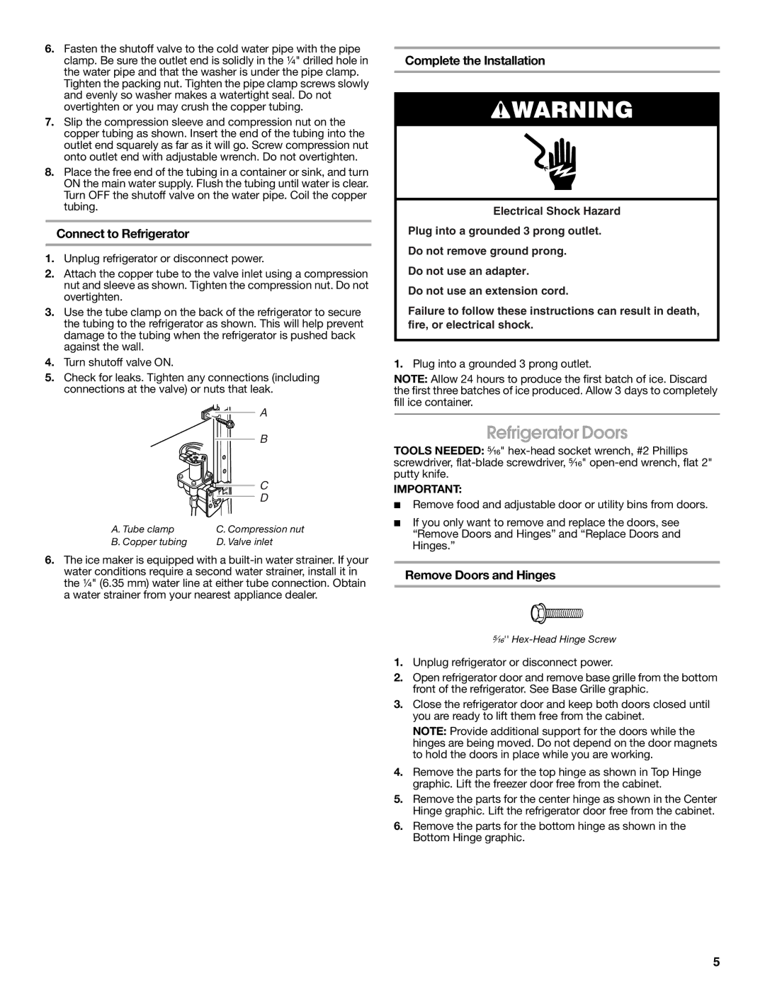 Whirlpool 2314463 warranty Refrigerator Doors, Connect to Refrigerator, Complete the Installation, Remove Doors and Hinges 