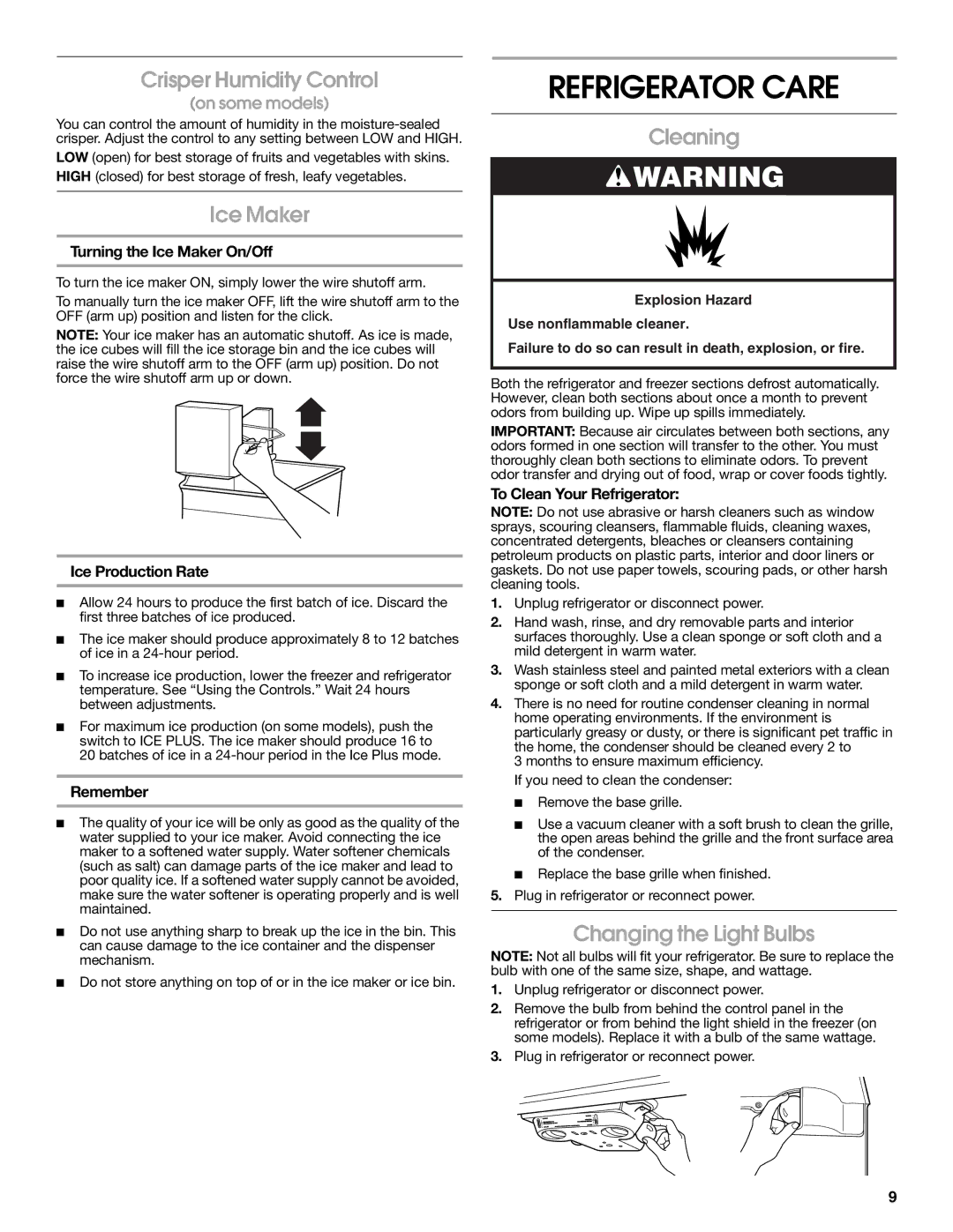 Whirlpool 2314463 warranty Refrigerator Care, Crisper Humidity Control, Ice Maker, Cleaning, Changing the Light Bulbs 