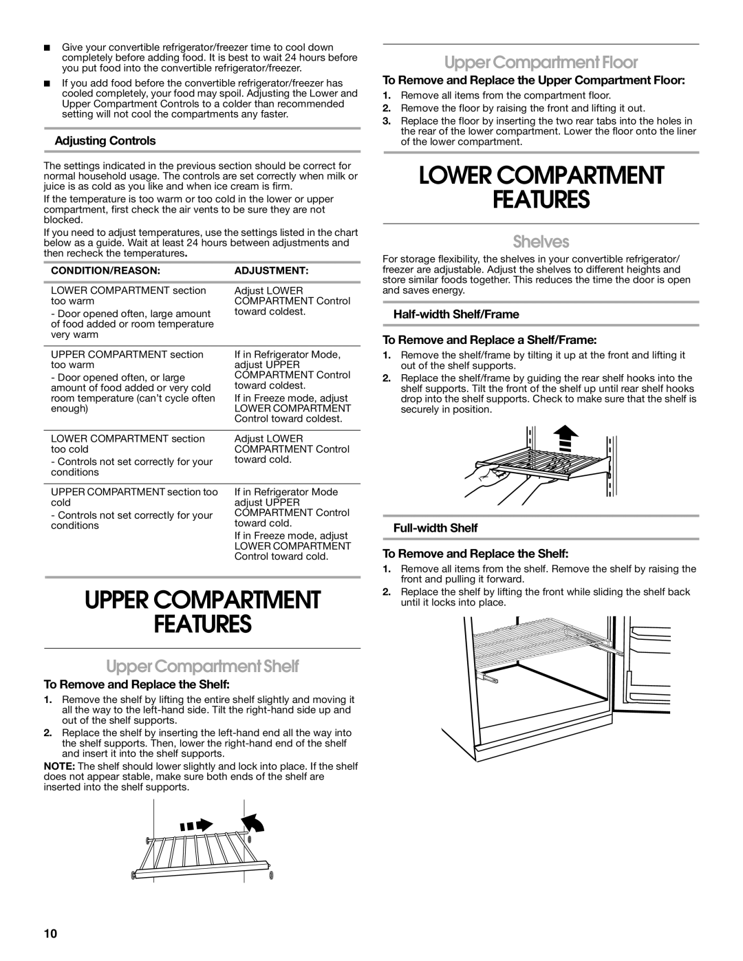 Whirlpool 2314466 Upper Compartment Features, Lower Compartment Features, Upper Compartment Shelf, Upper Compartment Floor 