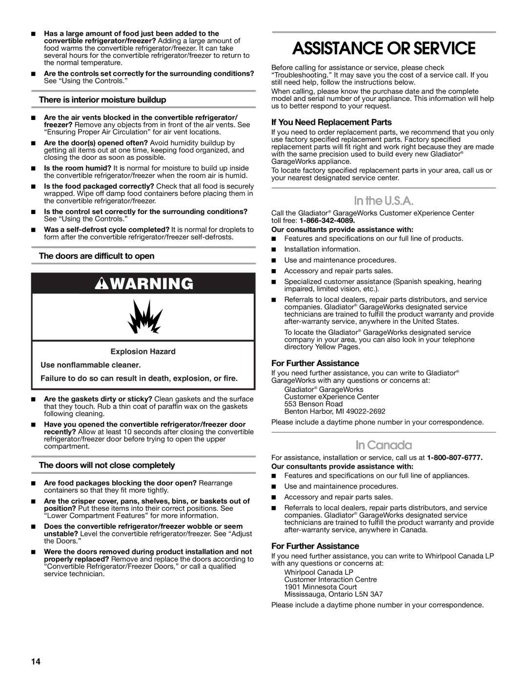 Whirlpool 2314466 manual Assistance or Service, U.S.A, Canada 