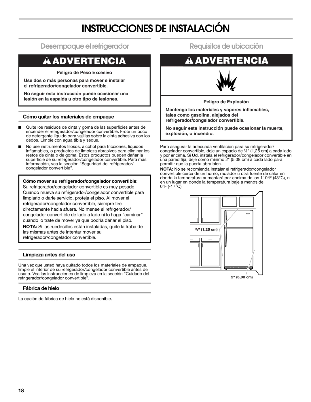 Whirlpool 2314466 manual Instrucciones DE Instalación, Desempaque el refrigerador, Requisitos de ubicación 