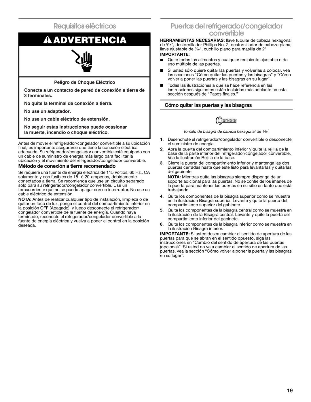 Whirlpool 2314466 manual Requisitos eléctricos, Puertas del refrigerador/congelador Convertible, Importante 