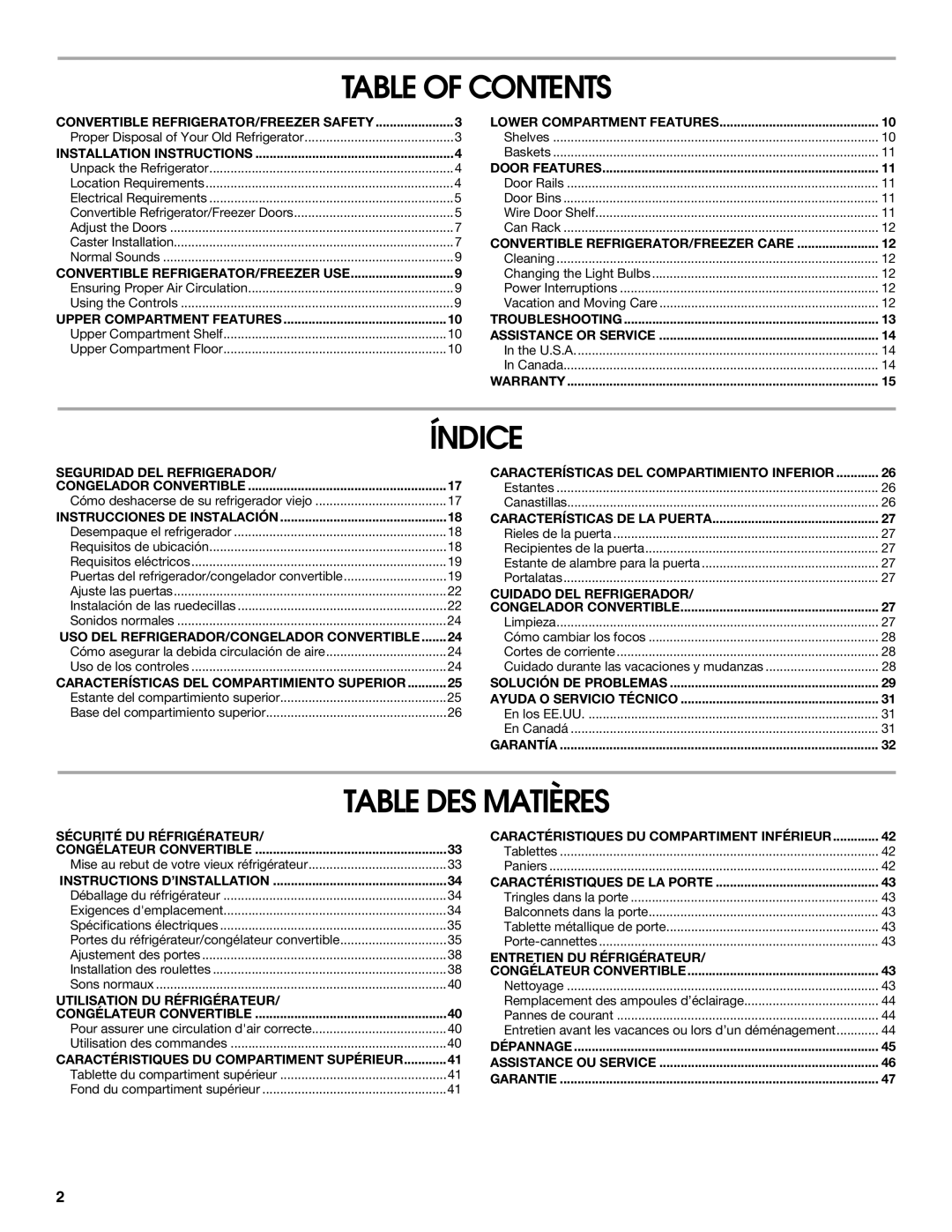 Whirlpool 2314466 manual Table of Contents, Índice, Table DES Matières 