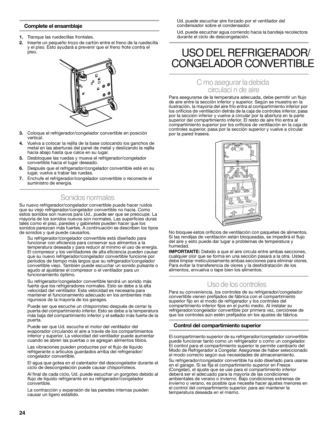 Whirlpool 2314466 manual Sonidos normales, Cómo asegurar la debida Circulación de aire, Uso de los controles 