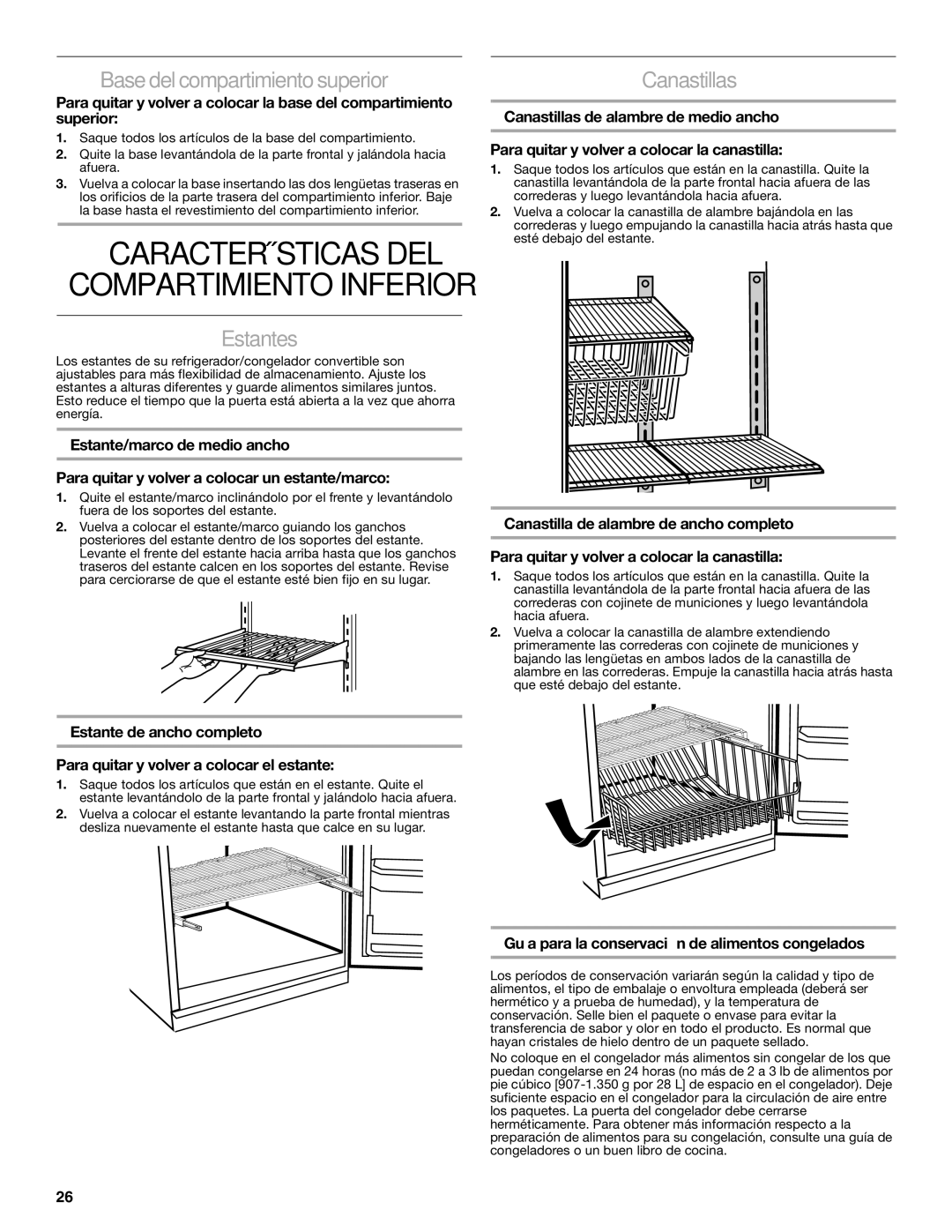 Whirlpool 2314466 manual Base del compartimiento superior, Estantes, Canastillas 