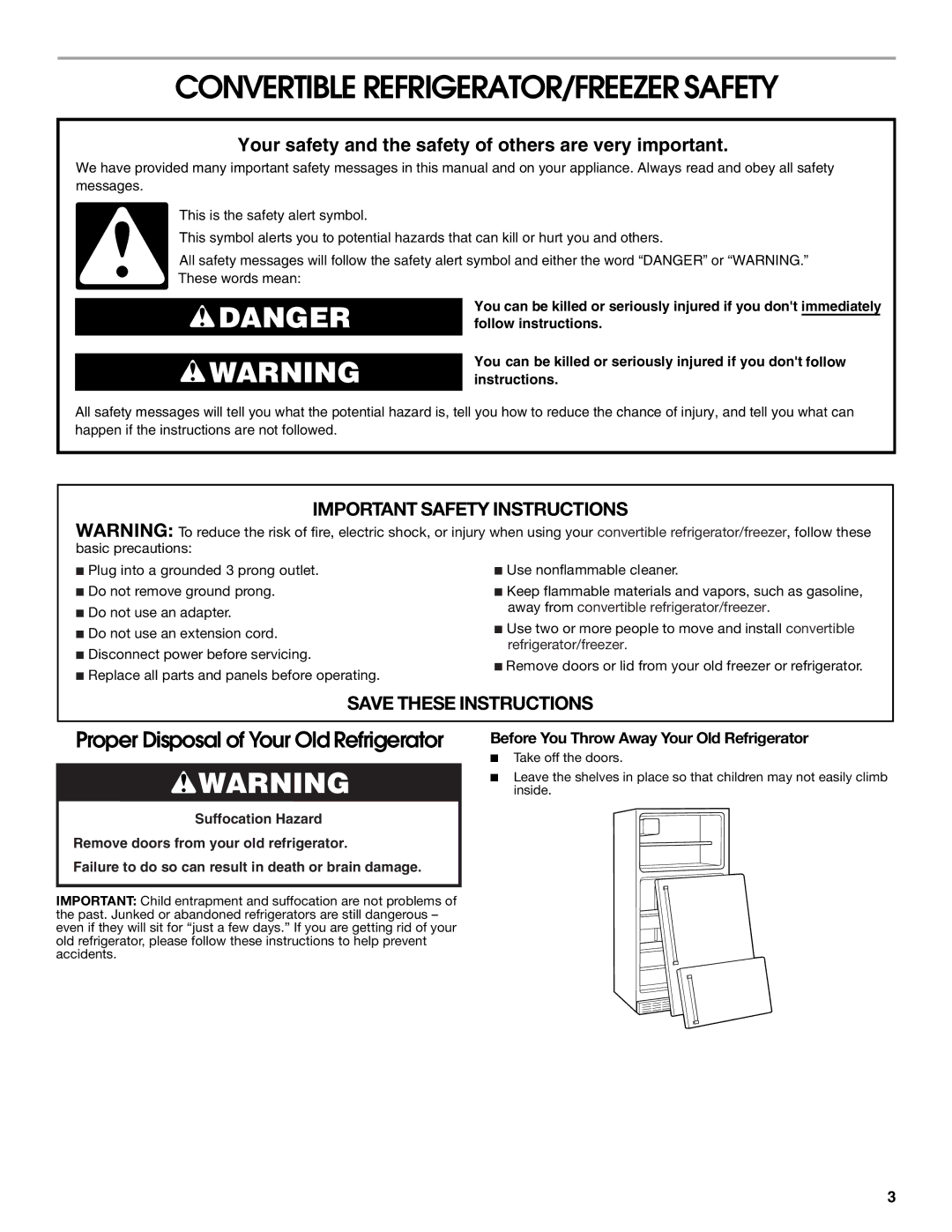 Whirlpool 2314466 manual Convertible REFRIGERATOR/FREEZER Safety, Before You Throw Away Your Old Refrigerator 