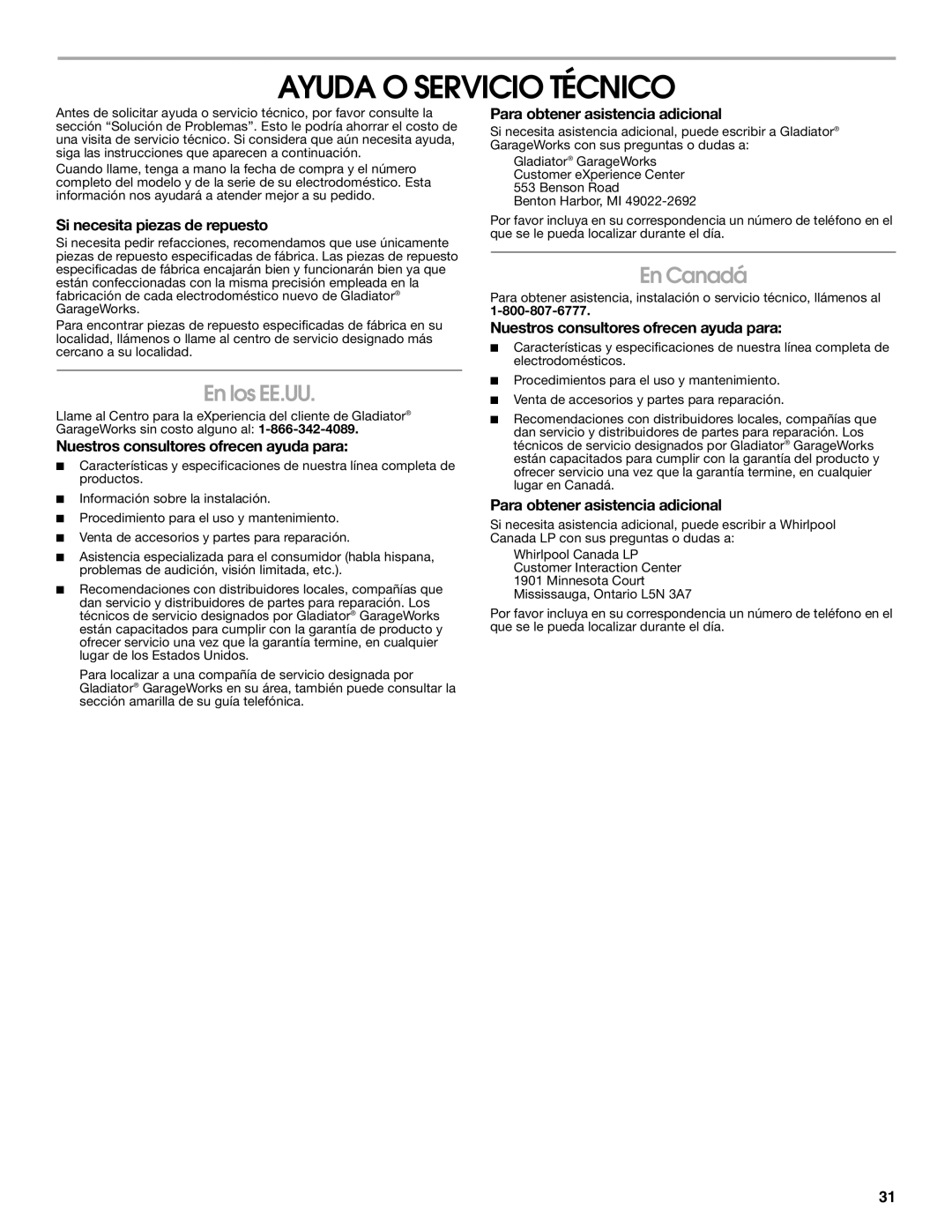 Whirlpool 2314466 manual Ayuda O Servicio Técnico, En los EE.UU, En Canadá 