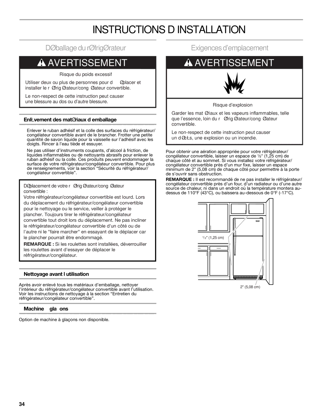 Whirlpool 2314466 manual Instructions D’INSTALLATION, Déballage du réfrigérateur, Exigences demplacement 