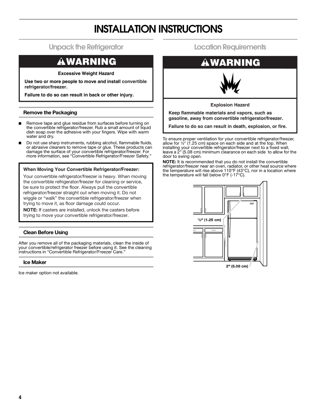 Whirlpool 2314466 manual Installation Instructions, Unpack the Refrigerator, Location Requirements 